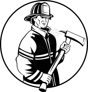 美国消防员消防员 第一应答者 持有Ax Mascott 黑白图片