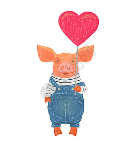 养心的可爱猪插图衣服谷仓快乐工作服粉色婴儿动物绘画卡通片图片