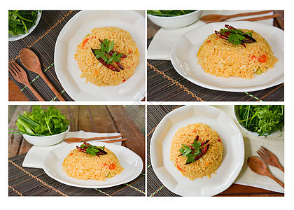 一套炸米饭 深薯条干辣辣椒和白盘番茄图片