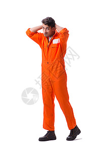 穿着橙色长袍的囚犯 在白色背景上被孤立违法者自由犯罪刑事拘留者跑步悲伤机械累犯男性图片