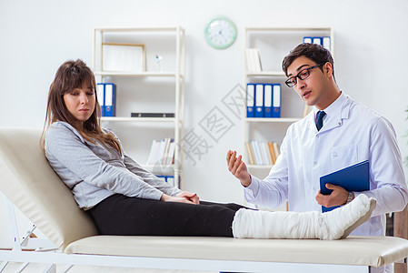 断腿检查病人的医生讨论女士卫生手术情况男人疼痛绷带诊所医师图片