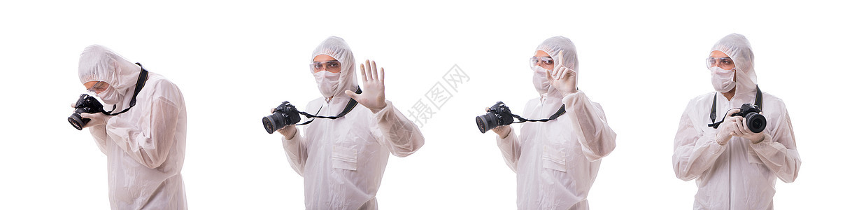 保护性诉讼法证专家拍摄白色照片的白衣面具药品辐射相机实验室男人犯罪学家研究者证据危险图片