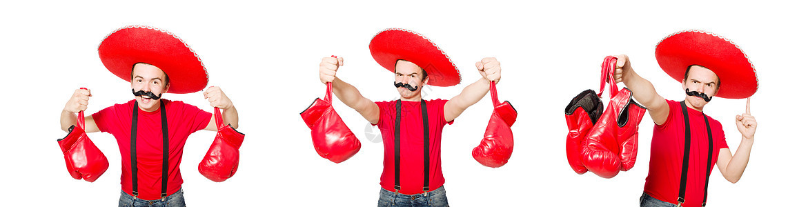 带拳击手套的滑稽墨西哥人 在白色上被隔离拉丁漫画荒野盒子剪辑戏服帽子姿势拳击手牛仔图片