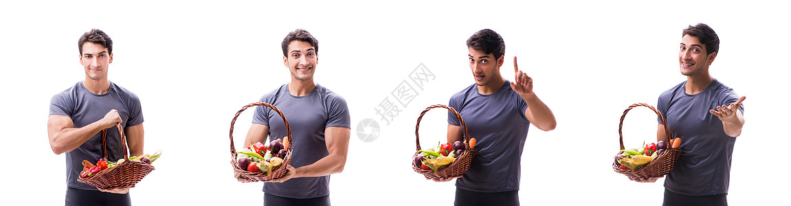 宣传健康饮食和运动的好处的人水果训练篮子重量收藏食物剪辑男人姿势沙拉图片