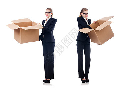带白纸箱的女商务人士盒子办公室送货商业纸板女士工人货运工作商务图片