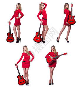 吉他女选手在白色上被孤立音乐家独奏女士歌曲乐器演员玩家爵士乐吉他手音乐图片