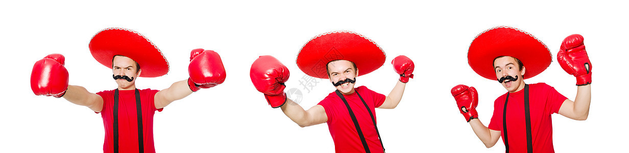 带拳击手套的滑稽墨西哥人 在白色上被隔离盒子运动拳头大男子拉丁帽子男人牛仔乐趣拳击手图片