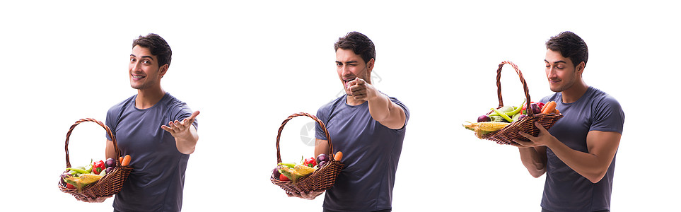宣传健康饮食和运动的好处的人篮子损失训练男人水果姿势饮食身体食物沙拉图片