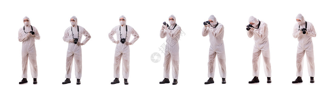 保护性诉讼法证专家拍摄白色照片的白衣研究者考试冒险相机面具法医调查证据放射性单反图片