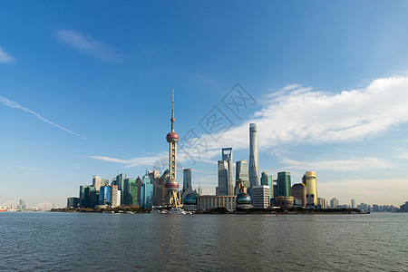 全景全景的上海天际和云空 卢吉亚苏伊金融区和黄浦河 中国邦德银行风景图片