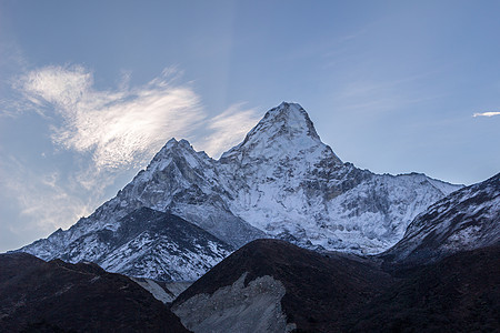 日出时 阿玛·达布拉姆山 蓝天 尼泊尔喜马拉雅山高清图片