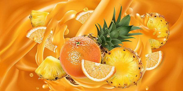 整个和切片的菠萝和橙子果汁图片