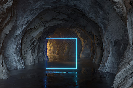 黑暗的岩石隧道 有灯光照亮 3D交接通道辉光线条入口蓝色正方形冒险射线探索框架图片