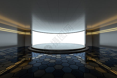 中间有圆台的空房间 3D翻接场景剧院木板地面屏幕大厅电影广告牌展示展览图片