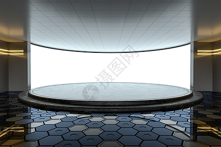 中间有圆台的空房间 3D翻接屏幕推介会讲台曲线木板电影剧院平台陈列室广告图片