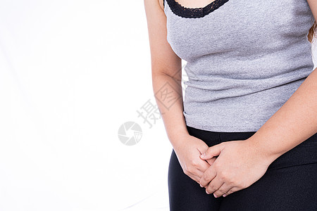 妇女用手握着她的脊椎 在白色背景上忍受着痛苦的胃痛 医疗 宣传保健等概念女孩月经成人身体药品经期疾病腹胀女性便秘图片