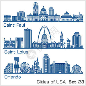 美国城市 - 圣保罗 圣路易斯 奥兰多 详细的架构 时尚矢量图图片