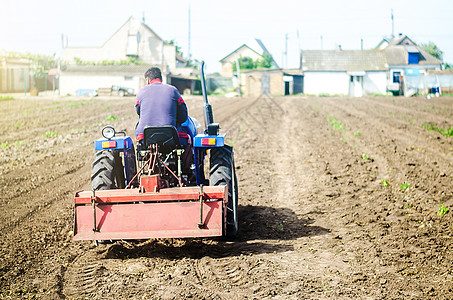 农民驾驶带有铣削装置设备的拖拉机 松土 土地耕作 农业机械的使用和简化和加快工作 农业 农业 耕田图片