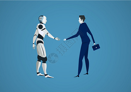 商务人士握手机器人进行投资 人类 vs 机器人矢量未来派背景 插图图片