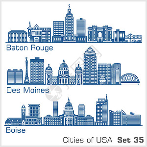 伊亚镇美国城市 Des Moines Boise 详细结构 趋势矢量说明插画