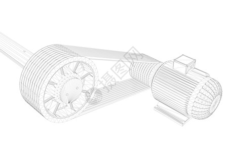 带皮带的发动机架 白色背景上黑色线条的电动机轮廓 3D 矢量图车削技术电气齿轮绘画引擎机械插图草图螺丝图片