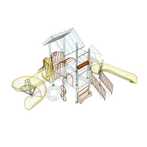 白色背景上彩色线条的游戏场框 儿童游乐场 有幻灯片和梯子 透视 3D 矢量插图图片