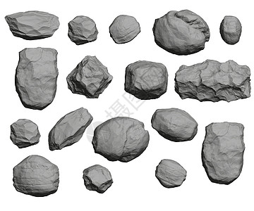 以白色背景上隔离的不同形状的石块设置 低聚状灰色石块 3D 矢量插图图片
