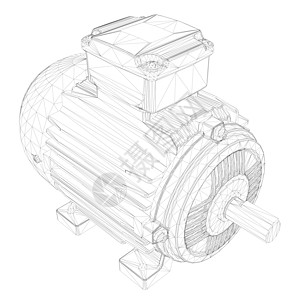 电动电动电动铁丝框 由白色背景的黑线组成 光度视图 3D 矢量插图力量项目电动机工程绘画机器电气螺丝齿轮引擎图片