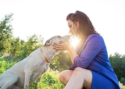 日落时 有魅力的年轻女子在公园拥抱她的狗快乐幸福女士动物朋友爪子犬类混种宠物伴侣图片