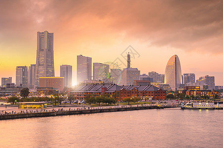 日落时横滨城市天线日出场景港口全景建筑学地标房地产旅游市中心海港图片