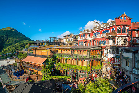 台湾Jiufen老街餐厅许多游客旅游经济市场地标食物爬坡街道建筑学咖啡店灯笼图片