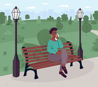 坐在公园平板彩色矢量插图中坐着长椅的不安妇女图片
