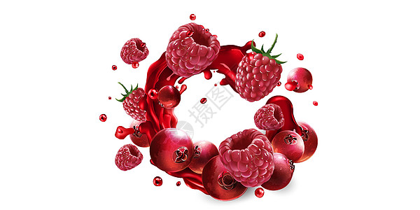 红果汁喷洒的香莓和草莓液体维生素营养广告食谱饮食水果浆果菜单健康图片