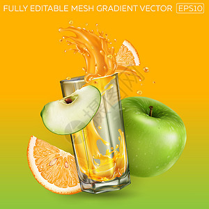 飞溅在玻璃绿色苹果和橙片中的果汁图片
