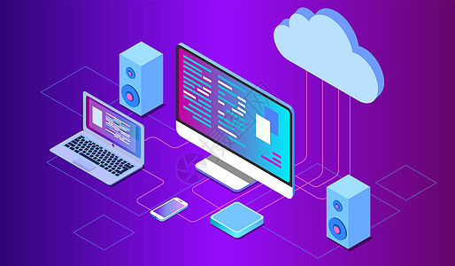 “云存概念” 计算机 笔记本电脑 蓝背景智能手机网站的页眉 着陆设计 3D等离子平面设计 矢量插图图片