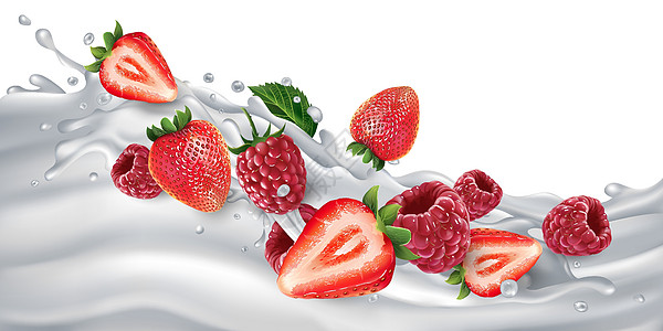 酸奶或牛奶波上的草莓和覆盆子图片