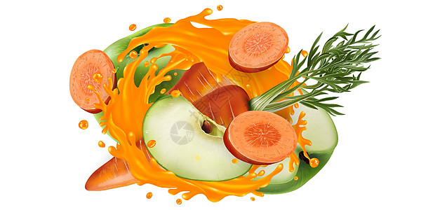 西红柿切片蔬菜汁喷洒中的胡萝卜和绿苹果健康食物维生素厨房咖啡店水果饮食营养插图果汁设计图片