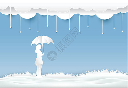 在草地雨下 带着雨伞的女孩 剪纸 切纸图片