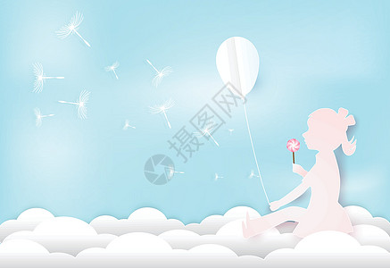 德系工艺女孩丹德利翁花岗花漂浮在云上 蓝天背面插画
