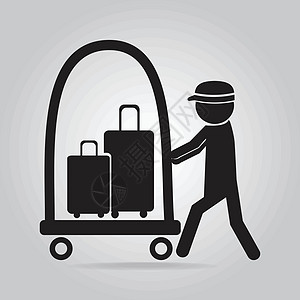 带有行李和手车图标的男子酒店旅行载体货运行李员按钮大车运输公文包手提箱图片
