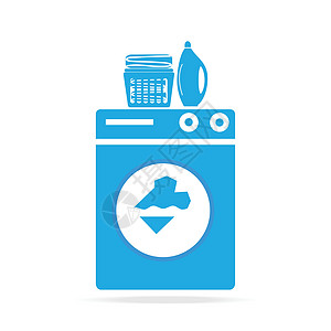 洗衣图标标志 洗涤机 洗涤剂和桶中的织物机器柔软剂垫圈家务气泡打扫女佣蓝色瓶子清洁工图片