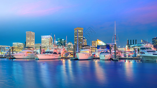 美国马里兰州巴尔的摩市中心的内港地区建筑天际蓝色旅行市中心建筑学全景日落港口建筑物图片