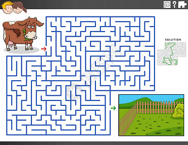 使用牛和牧草的迷宫教育游戏背景图片