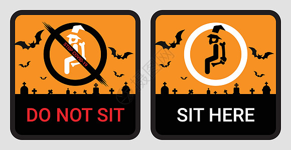 请不要坐在这里签名 以防止冠状病毒或 Covid-19 大流行 在万圣节期间保持椅子 座位 穿梭巴士 地铁 铁路 电车 火车 食图片