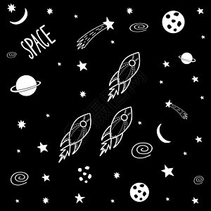 外层空间的可爱卡通涂鸦火箭 用于在 T 恤 织物 纸张上打印的银河图案 矢量库存插图图片