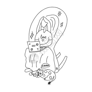 女孩坐在火箭椅上 在笔记本电脑上工作 猫躺在她的脚下 矢量储量示意图 (笑声)图片