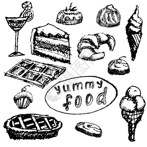 食物沙漠在黑板上手工绘制草图 以白色背景与世隔绝巧克力冰淇淋糖浆棒冰奶油手绘胡扯锥体甜点涂鸦图片