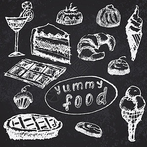 食物沙漠在黑板上手工绘制草图美食粉笔馅饼插图涂鸦手绘蛋糕糖果胡扯味道图片