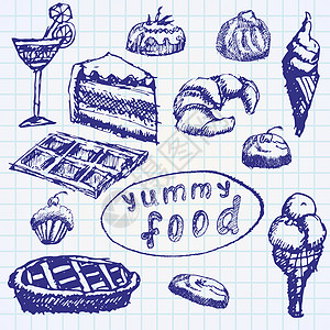 食物沙漠用笔记本纸手工绘制草图棒冰糖果馅饼素描味道涂鸦墨水钢笔床单甜点图片