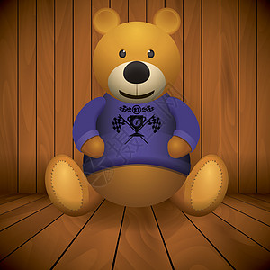 泰迪熊棕色毛绒玩具印 在胸木背景上毛衣卡通片旗帜漆木插图木板微笑艺术床单蓝色图片
